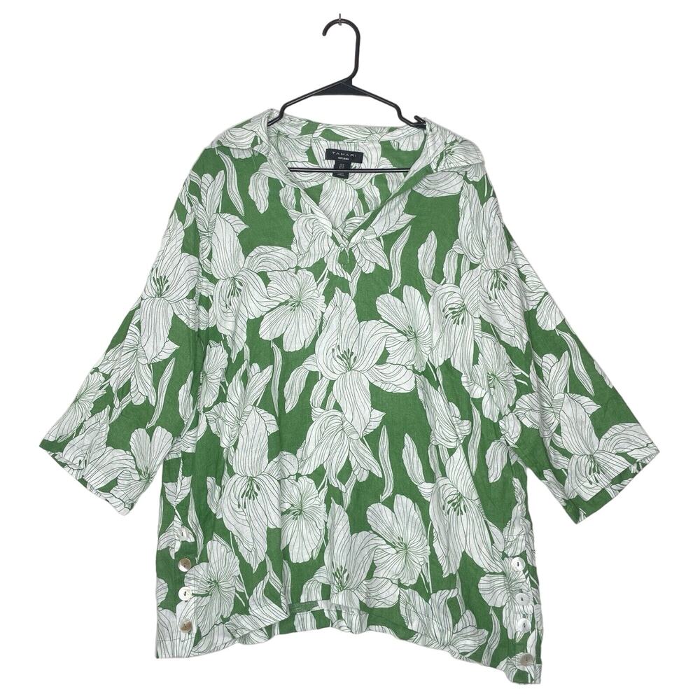 Tahari Womens Blouse Sz 1X Plus Linen Floral Cottagecore‎ Green Flowy Boho Artsy